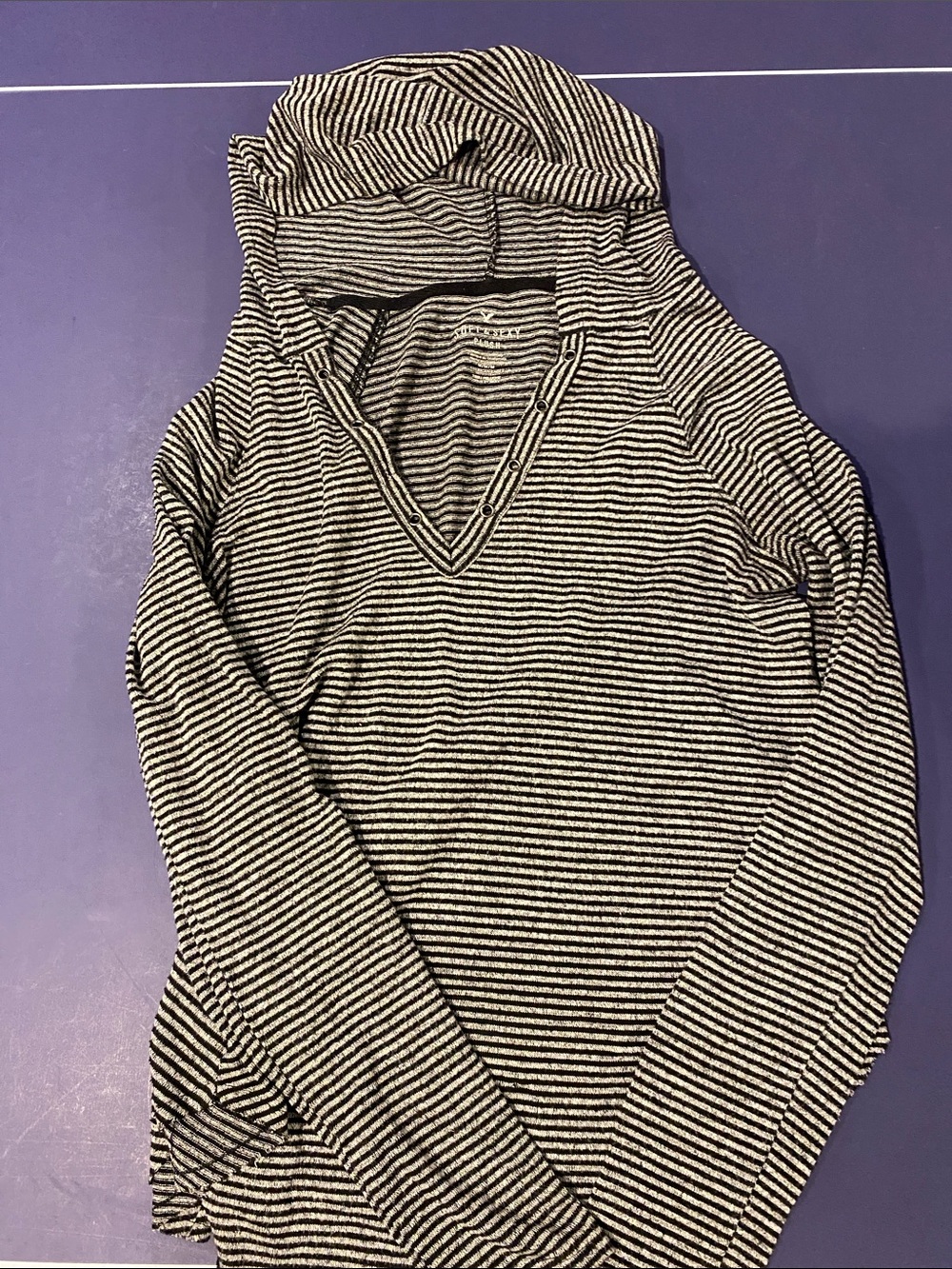 Women’s Striped V‑Neck Hooded Button‑Detail Long Sleeve Top - Black & White